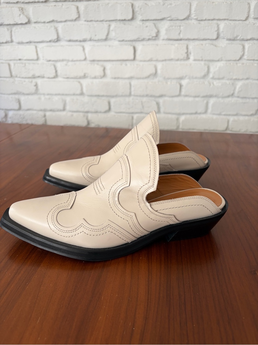 Ganni Cream Leather Western-Style Mule Clogs